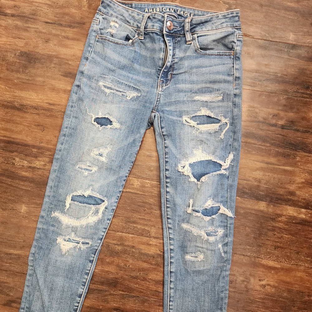 American Eagle Jeans Womens 4 Super Stretch Distressed Skinny Denim Blue Ripped